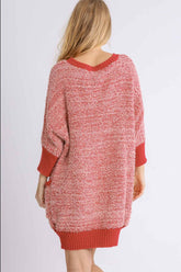 Umgee Full Size Ribbed Hem Round Neck 3/4 Sleeve Sweater Dress with Pockets Plus Size OutfitFlow